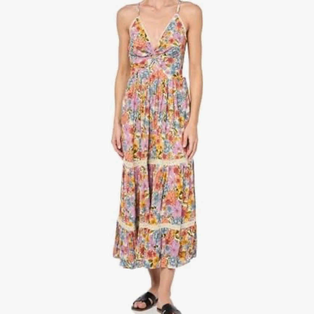 Angie Spaghetti Floral V-Neck Maxi Dress Lace Trim Cutout M Milkmaid CottageCore